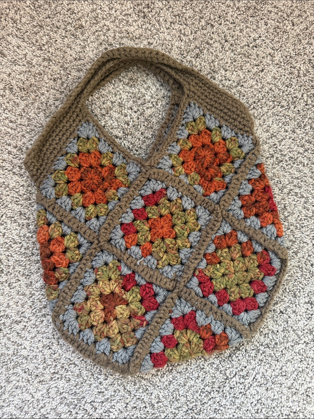 Handmade Crochet Granny Square Tote Bag - Brown & Autumn Colors